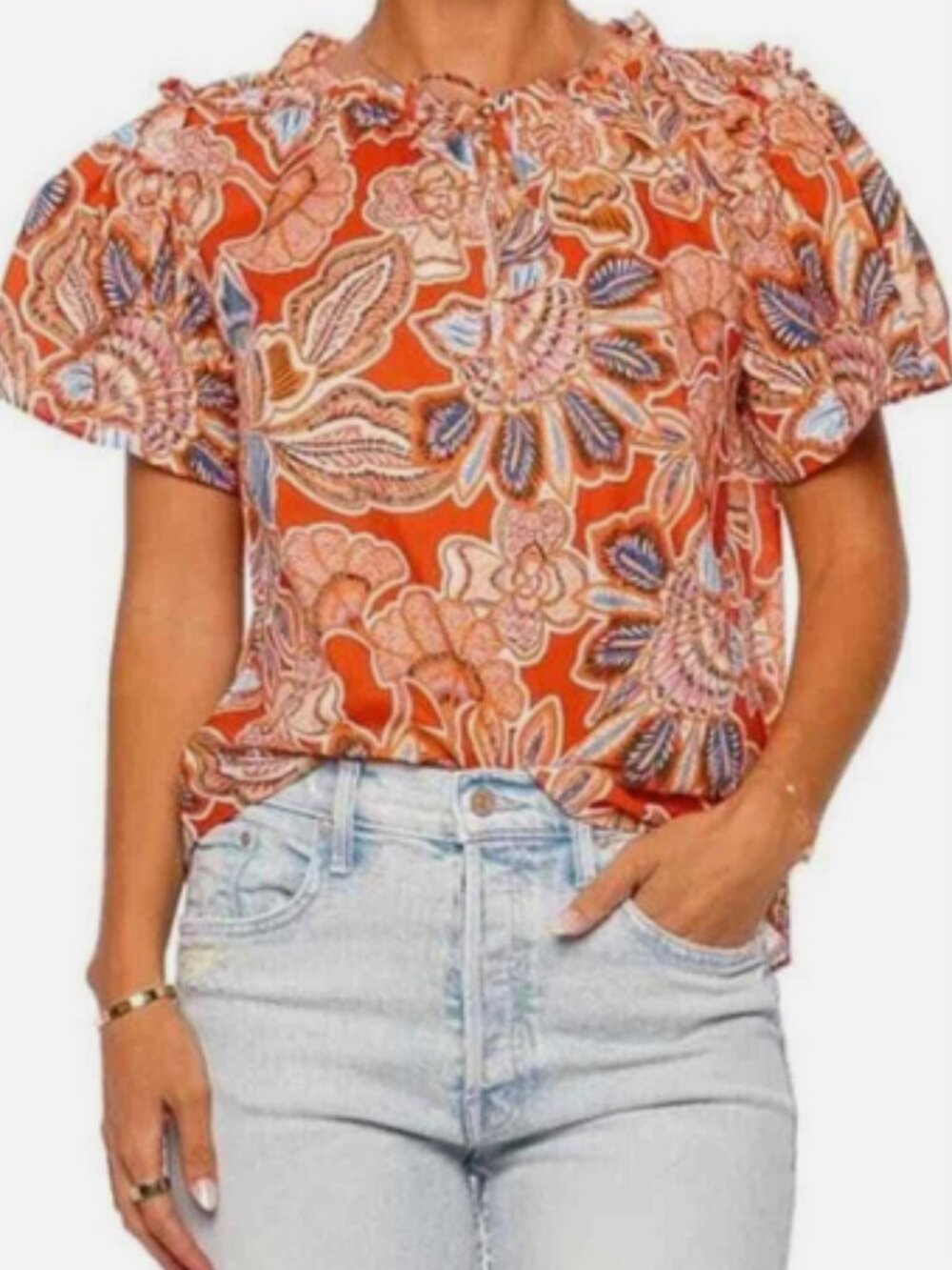 Misa Los Angeles Suparna Tangerine Flora Top  Fluter Sleeve Cotton  Lightweight